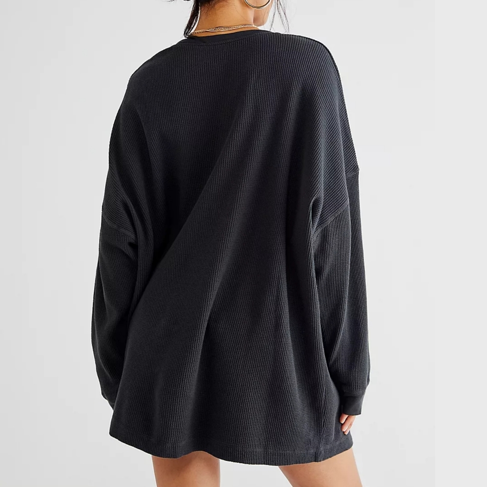Free People Intimate Revolve Early Night Black Waffle Knit Oversized Thermal Top - Picture 2 of 11